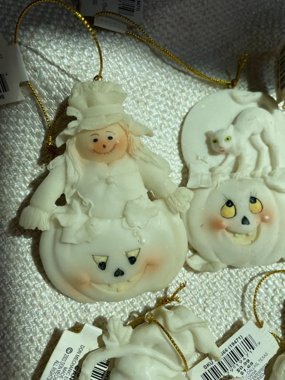 (5) Vintage Halloween Witch Cat Ghost Pumpkin Resin Ornaments NWT Lot